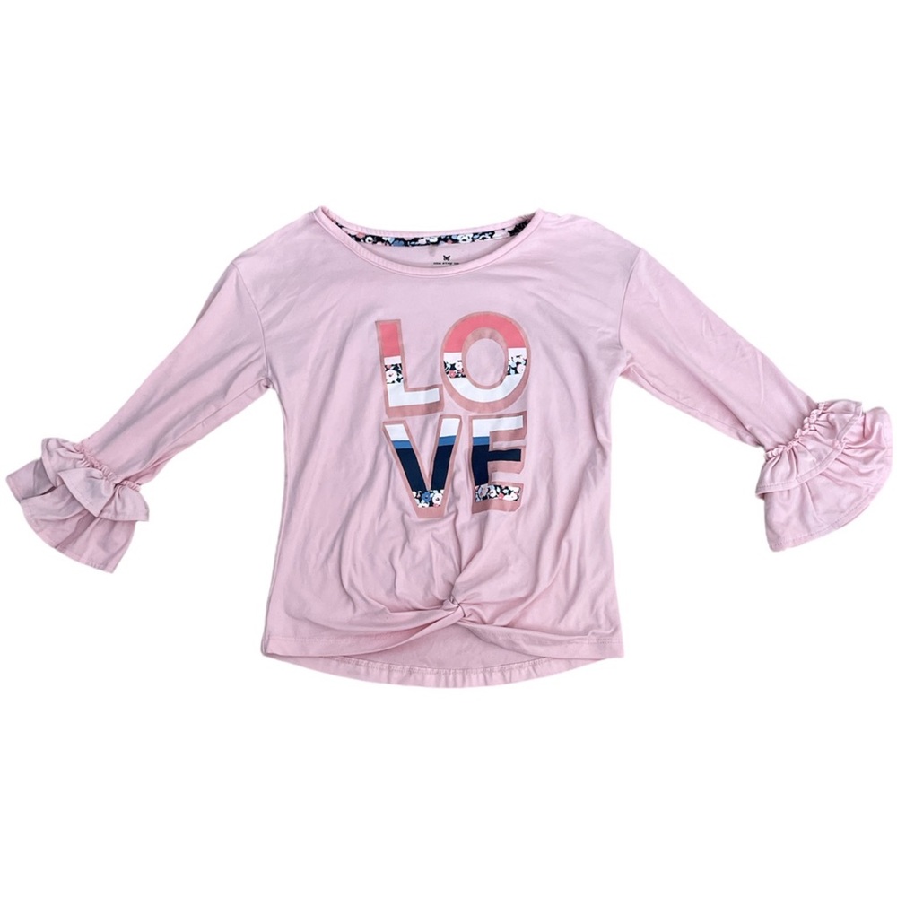 One Step Up Top Girls size M 10 - 12 Pink Ruffle Bell Sleeve Knot Hem